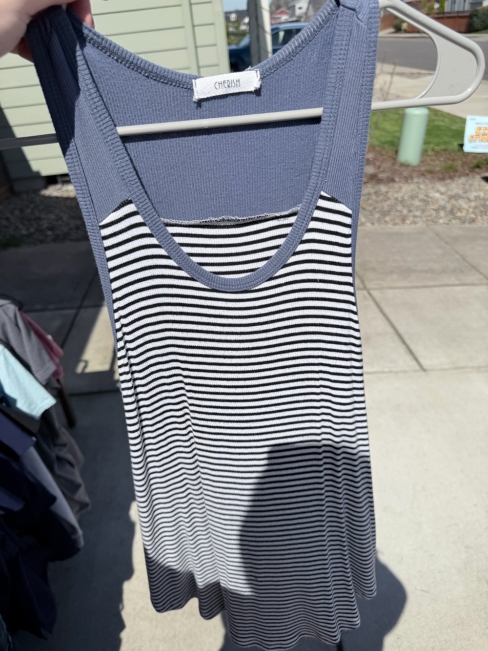 Cherish Blue Ribbed Yoke Black and White Striped Tank